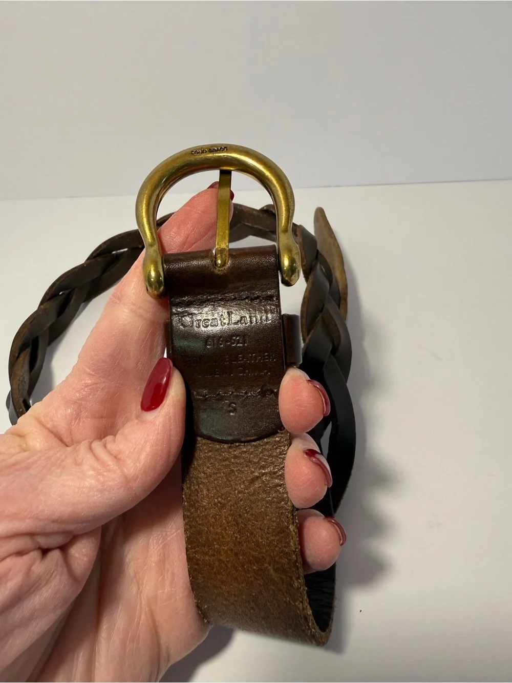 Vintage 90s Great Land Dark Brown Braided Leather Belt Solid Brass Small